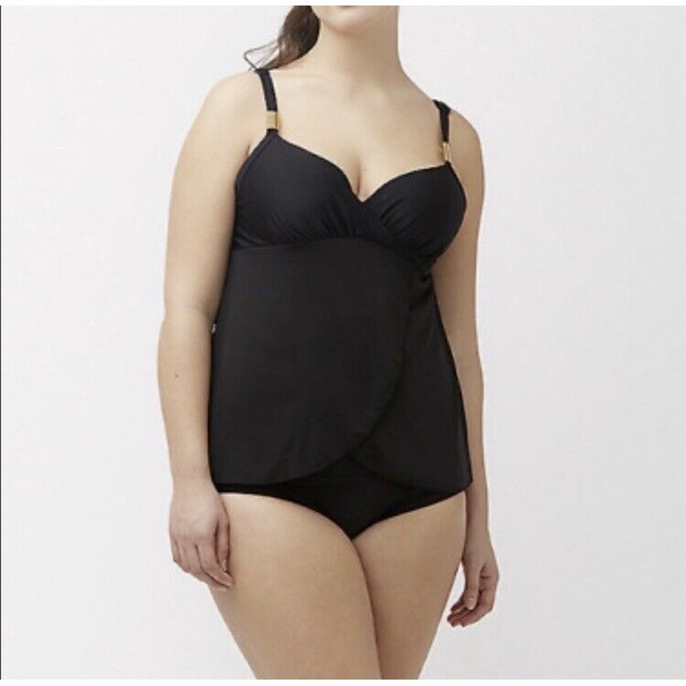 Cacique Balconette Tankini Top Women 36C Black Underwire Crossover Wrap Swimwear